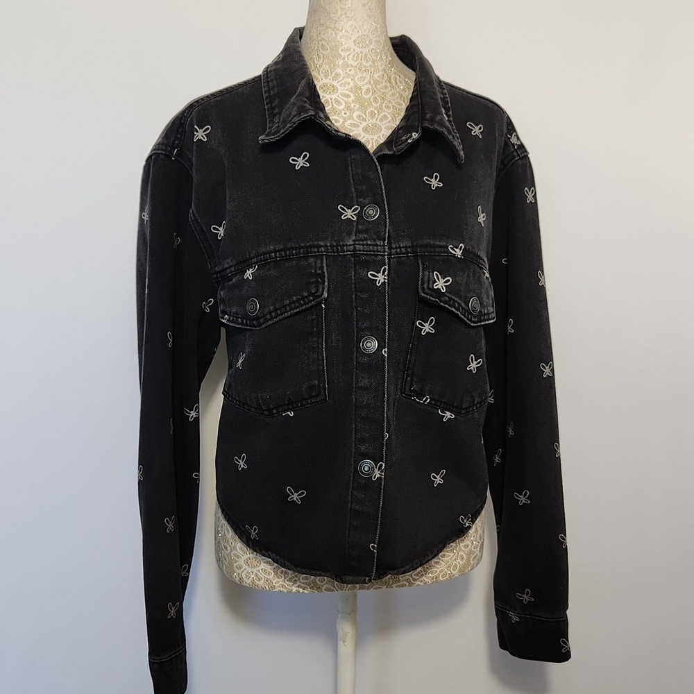 Stoosh Vintage Denim Women's Size L Black/Grey Butterfly Print Cropped Jacket - Picture 11 of 14